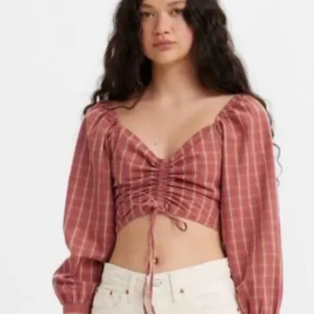NWT Levi Red Plaid Long Sleeve Crop Blouse Size L